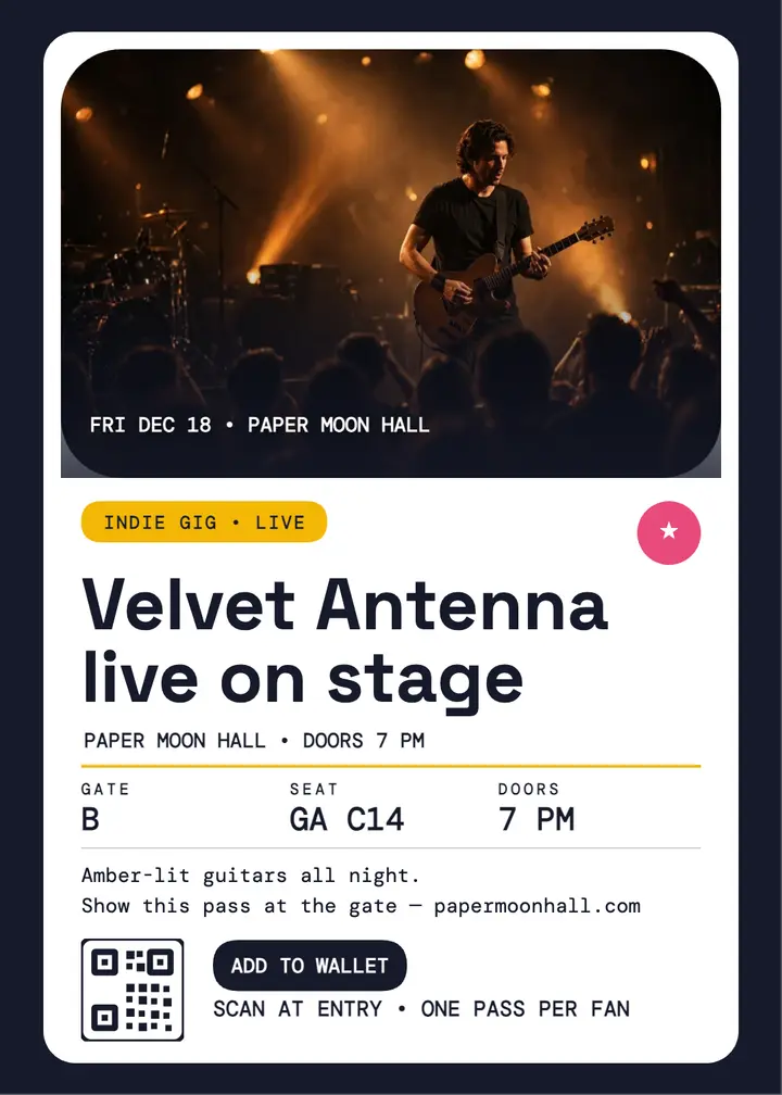 Velvet Antenna gig wallet ticket invite: gig ticket invitation template