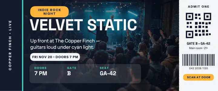 Velvet Static indie night wallet ticket template