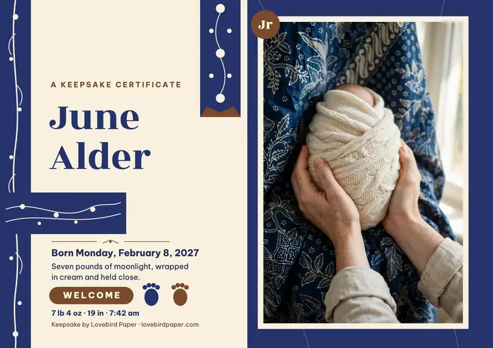 June Alder indigo baby keepsake certificate template