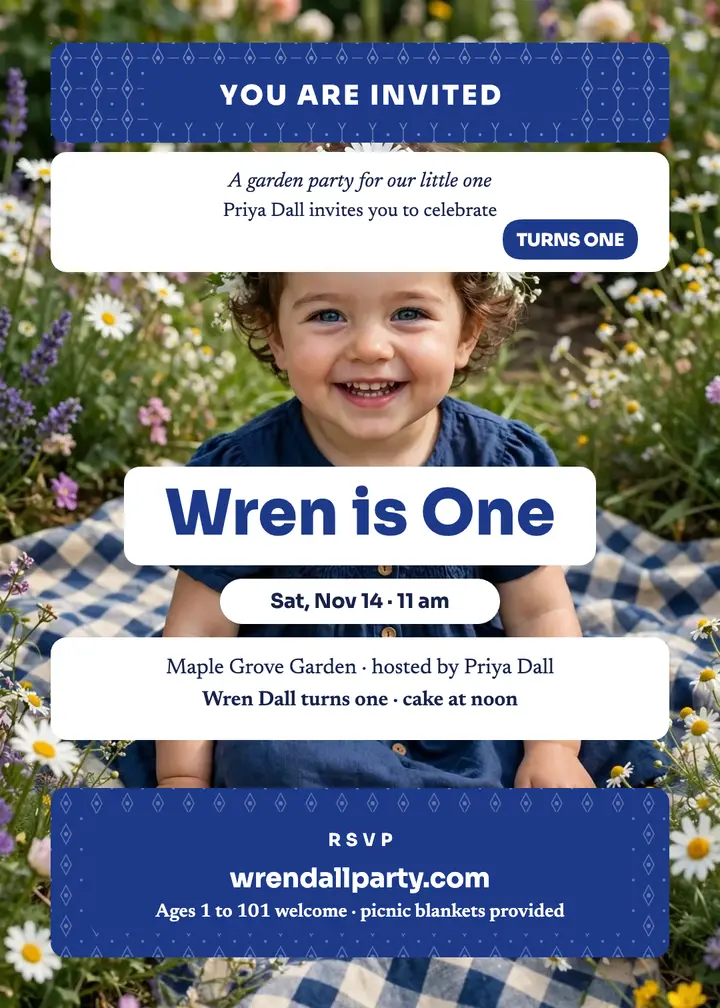 Wren Dall first birthday garden invitation: first birthday invitation template