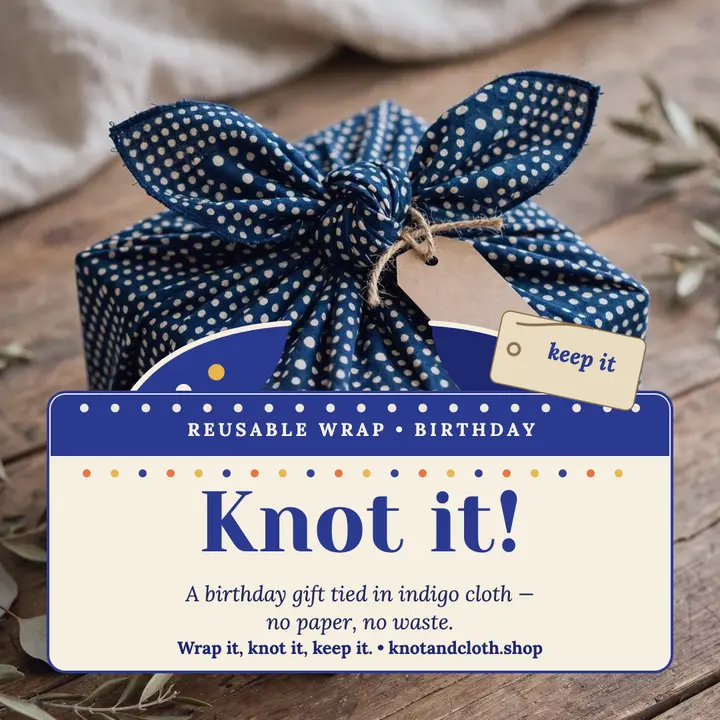 Indigo cloth birthday wrap, Knot and Cloth template