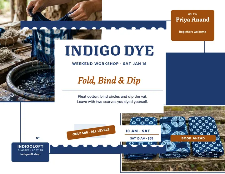 Indigoloft weekend indigo dye flyer: indigo dye workshop flyer template