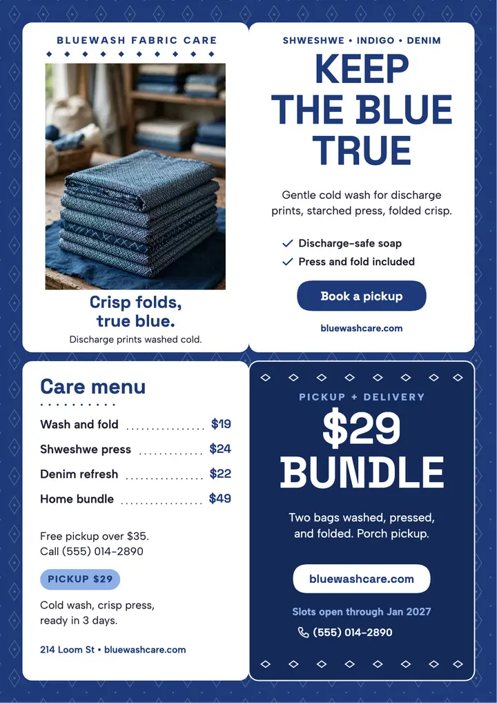 Bluewash indigo fabric care flyer template