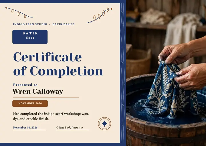 Indigo Fern batik workshop certificate template