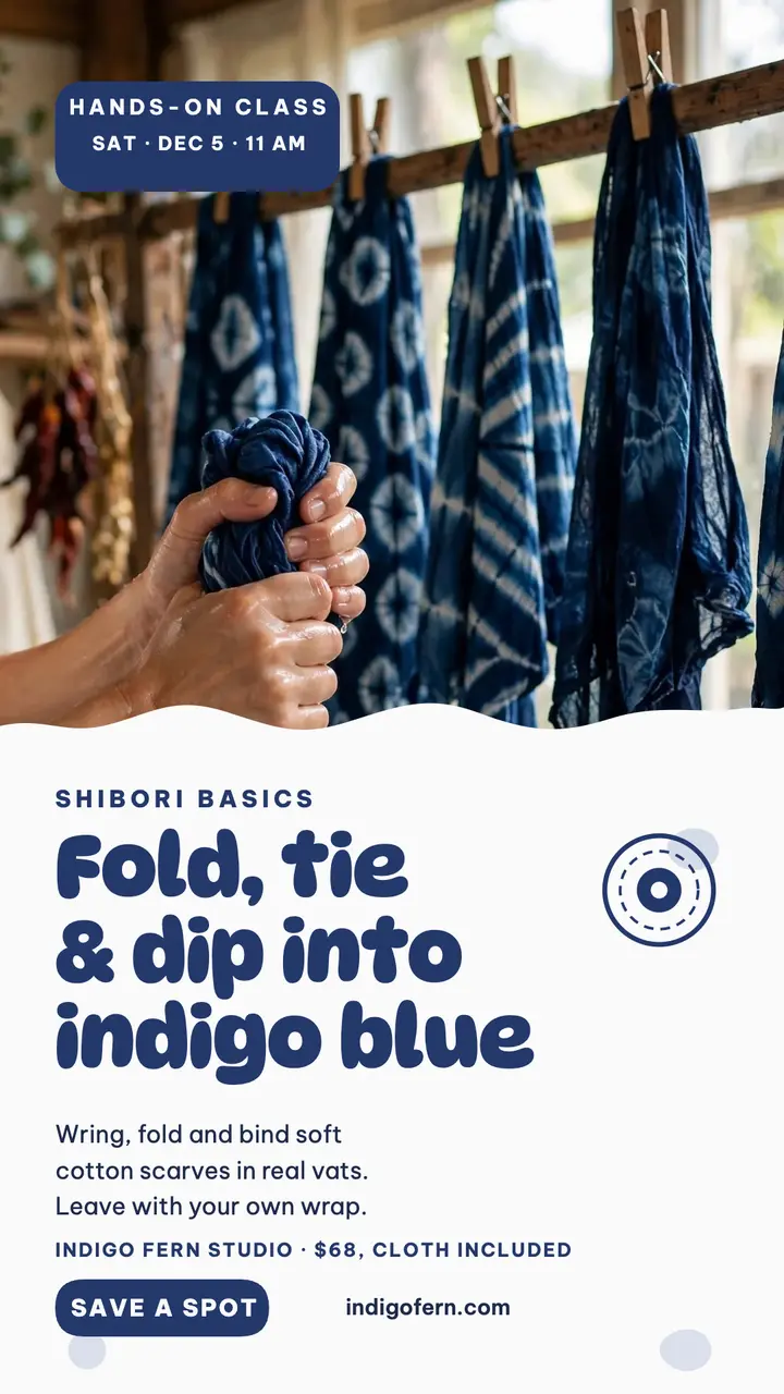 Indigo Fern shibori workshop story template