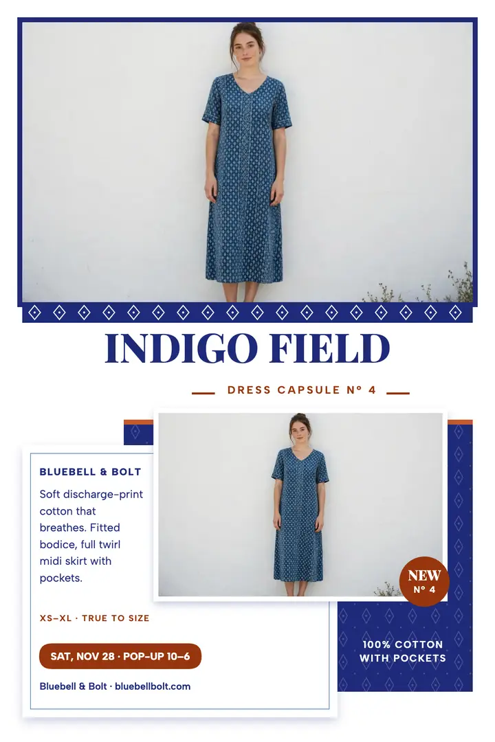 Bluebell and Bolt Indigo Field dress poster template