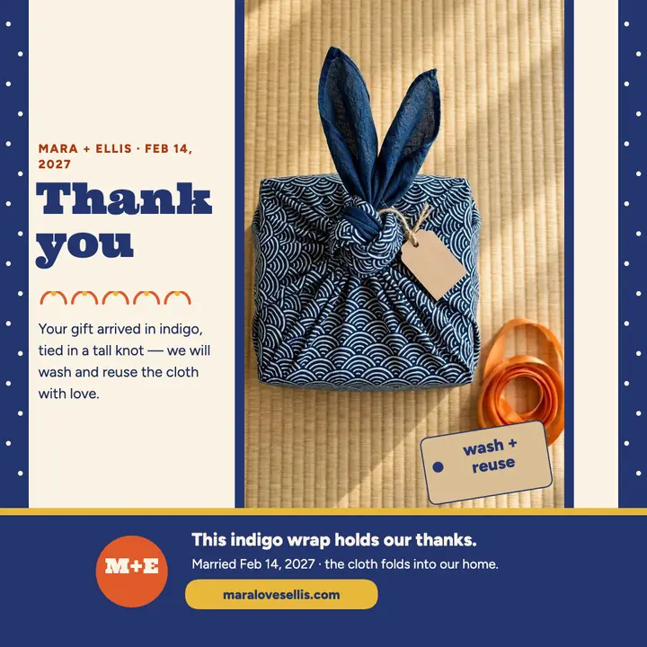 Mara and Ellis furoshiki thank you: wedding thank you post template