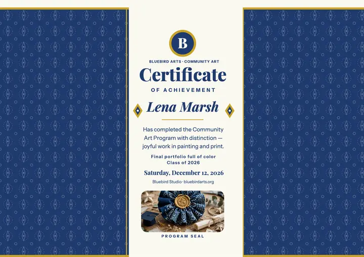Bluebird Arts graduation certificate, indigo print template