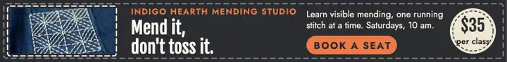 Indigo Hearth sashiko mending class leaderboard ad template
