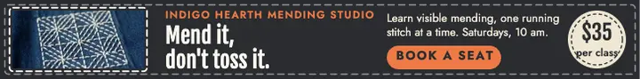 Indigo Hearth sashiko mending class leaderboard ad template