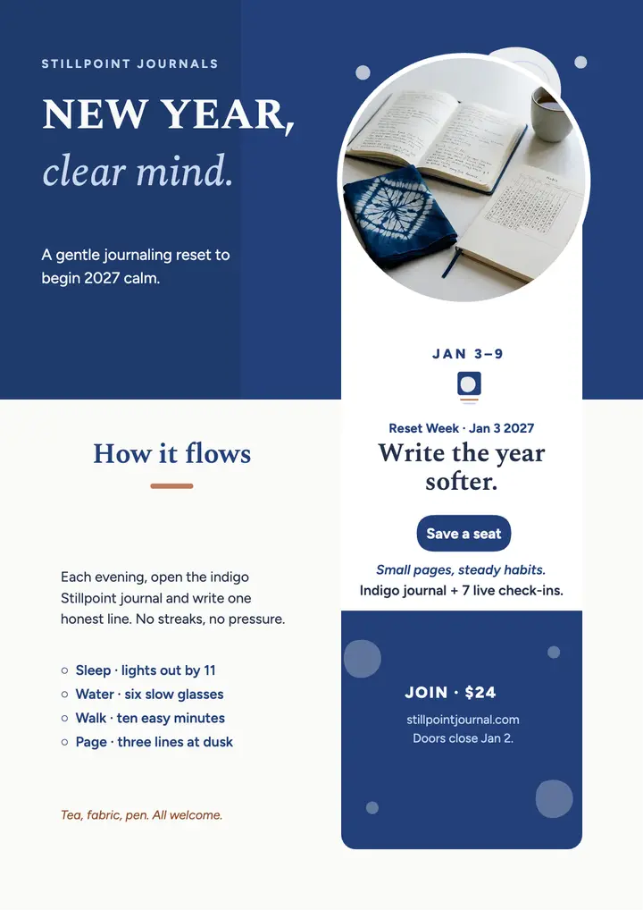 Stillpoint New Year journal reset flyer template