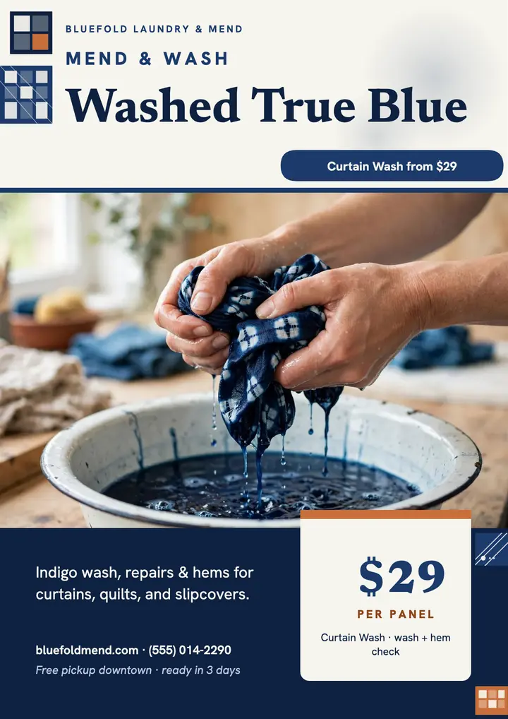 Bluefold indigo laundry and mend flyer template