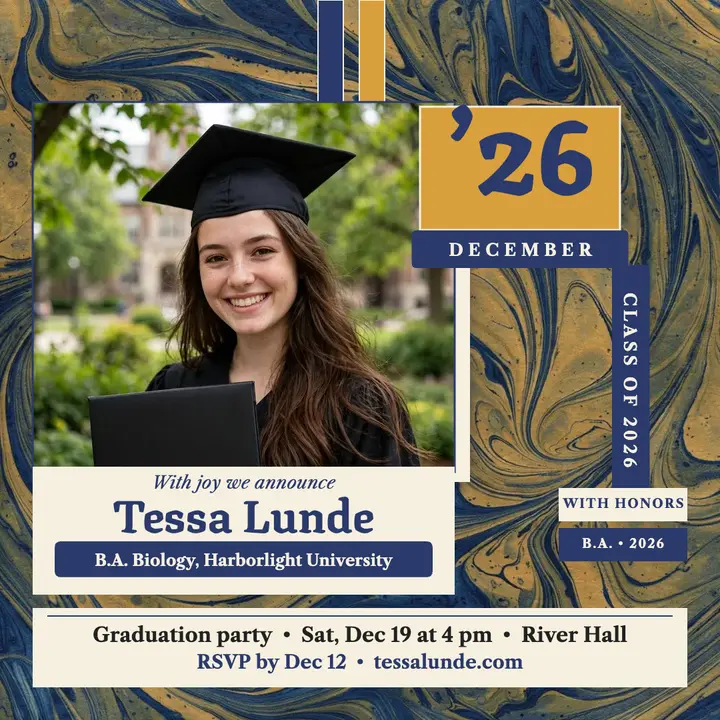 Tessa Lunde marbled graduation post: graduation announcement post template