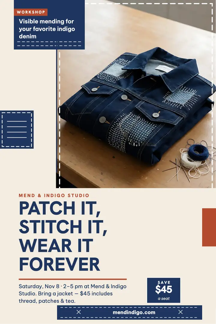 Indigo denim mending workshop poster: denim mending workshop poster template
