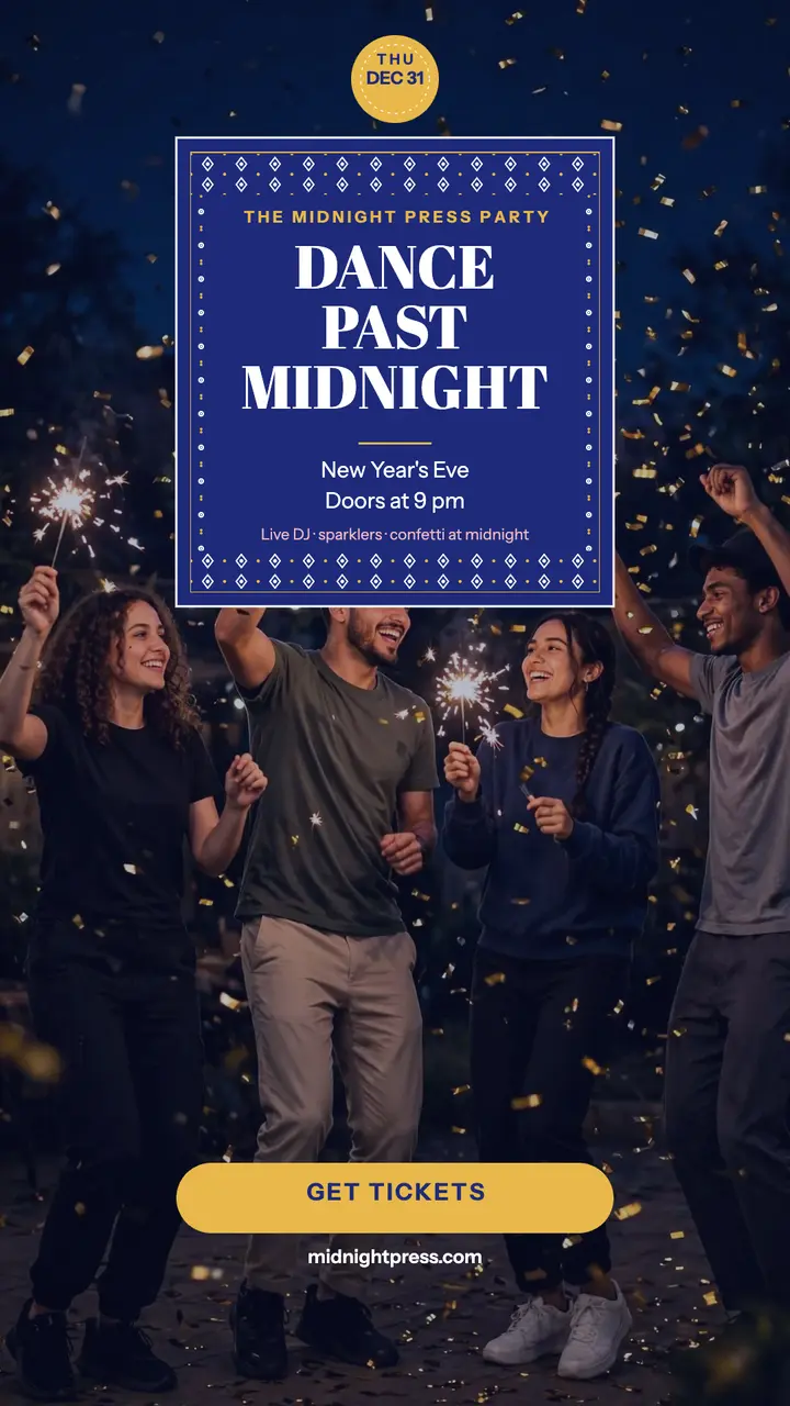 Midnight Press indigo New Year story: new year's eve party story template