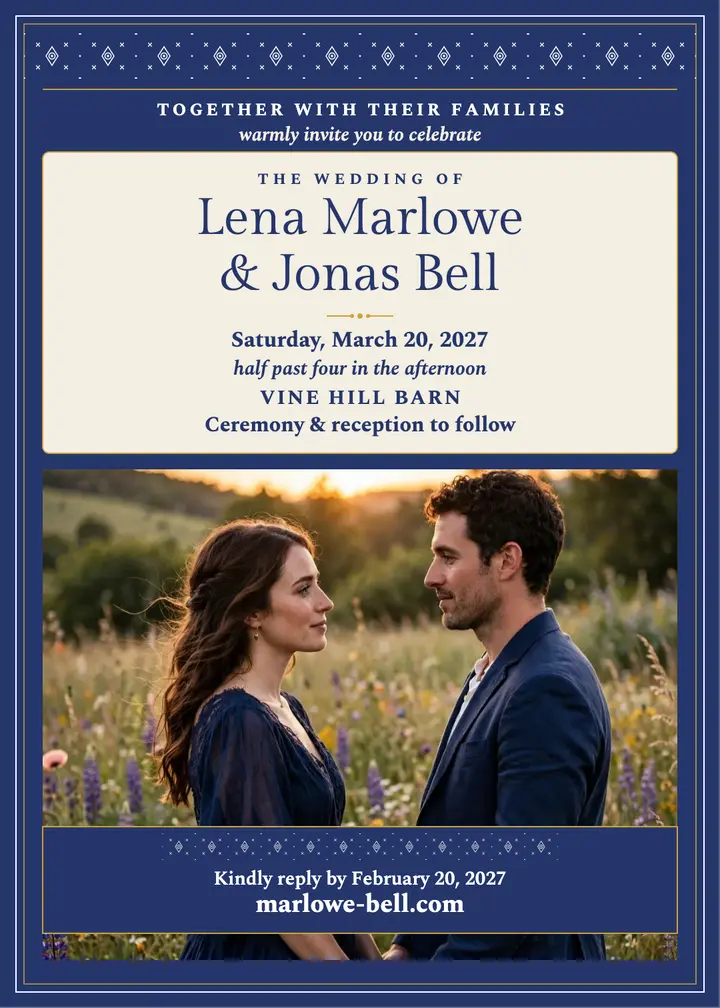 Lena Marlowe and Jonas Bell indigo invitation: wedding invitation template