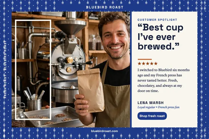 Bluebird roastery review spotlight postcard template