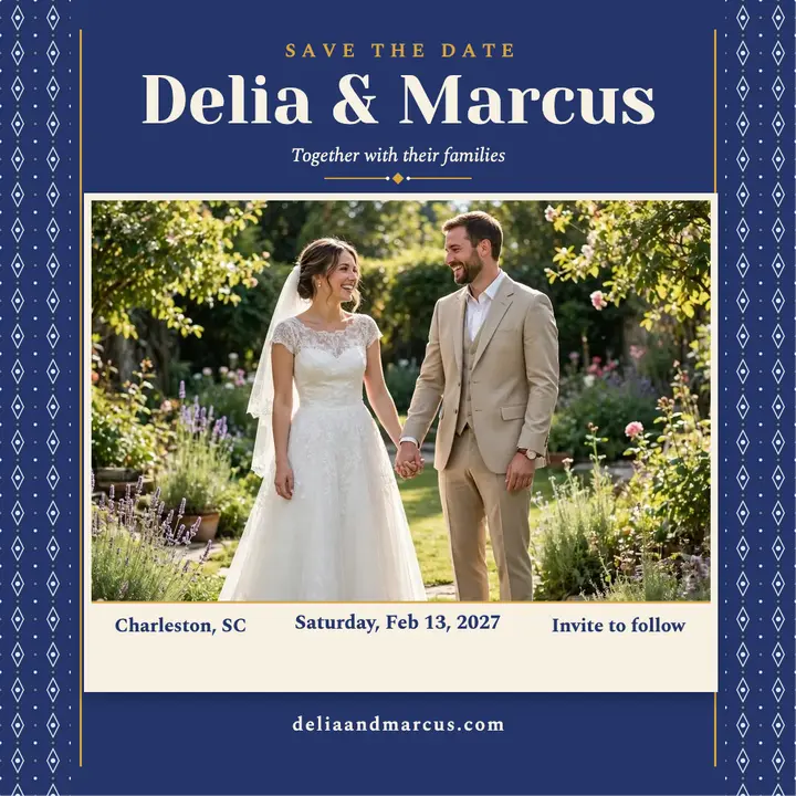 Delia and Marcus indigo save the date: save the date post template