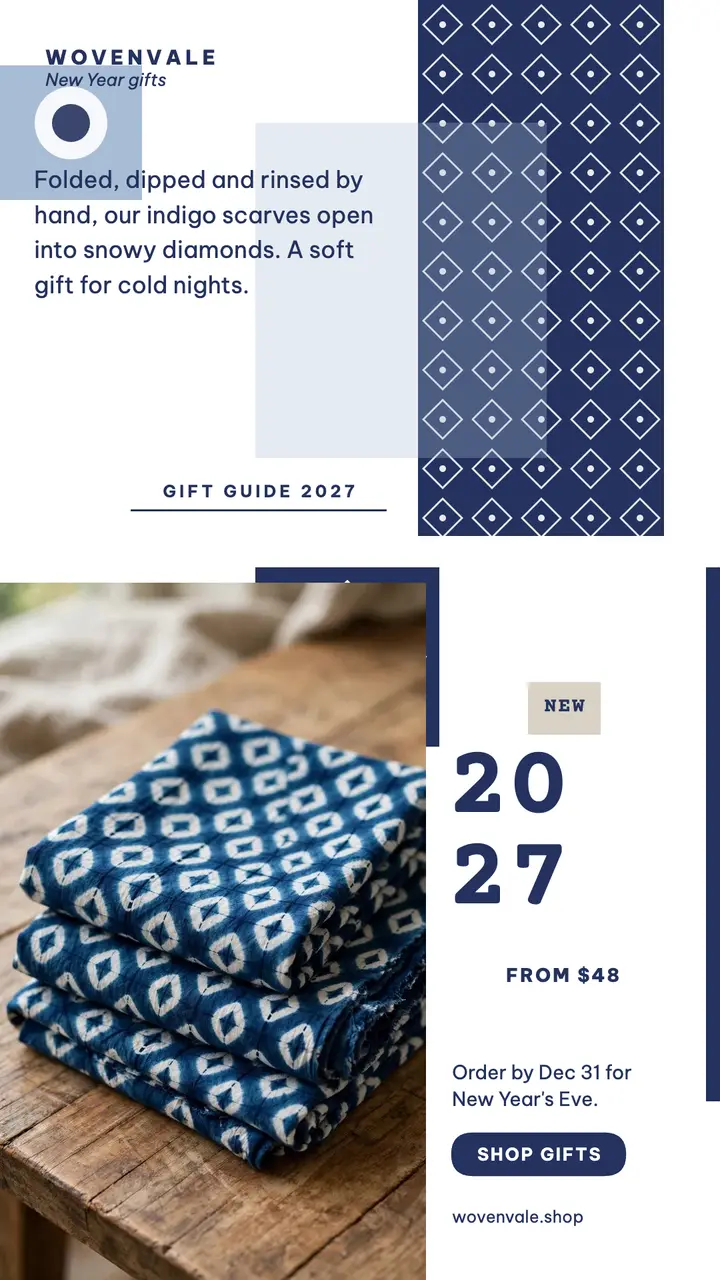 Wovenvale indigo scarf New Year story template