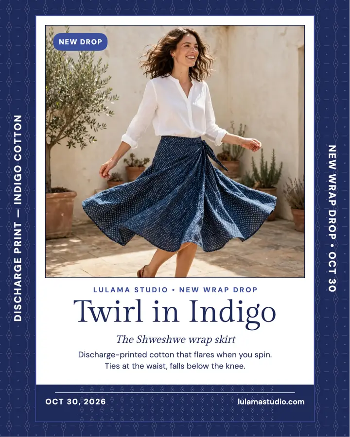 Lulama Studio indigo wrap skirt drop post: wrap skirt launch post template