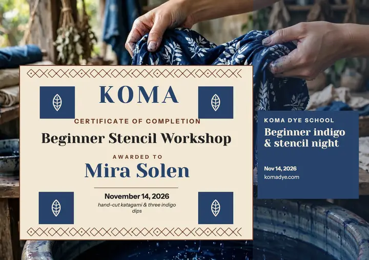 Koma indigo stencil workshop certificate template