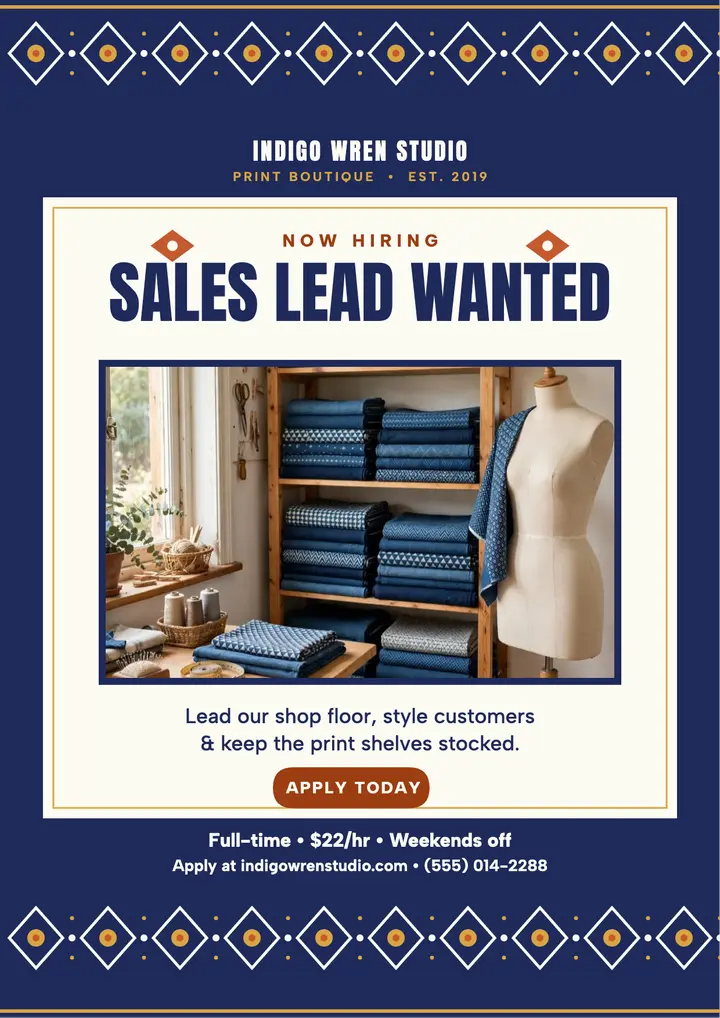 Indigo Wren Studio sales lead hiring flyer: hiring flyer template