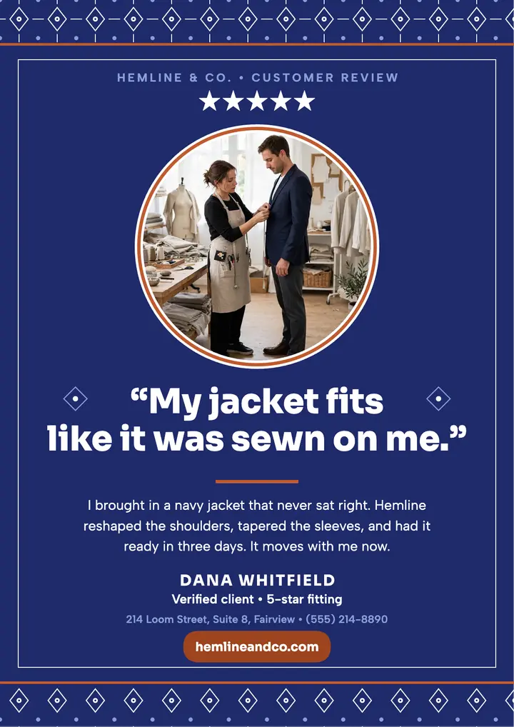 Hemline tailor review flyer, indigo print: tailor review flyer template