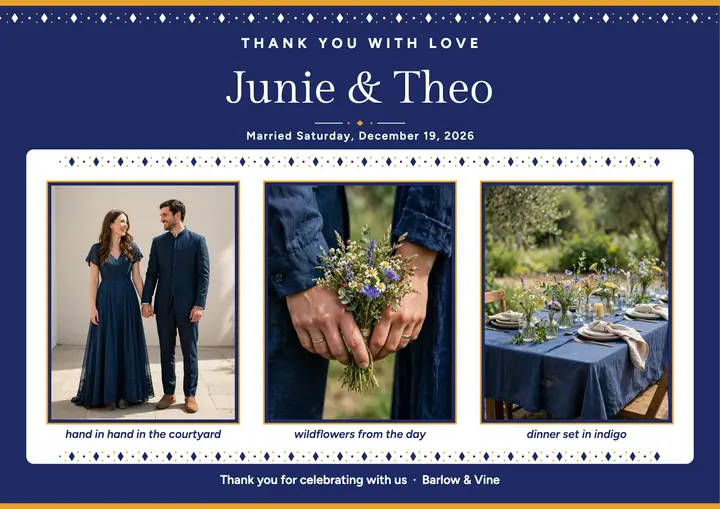 Junie and Theo indigo thank you: wedding thank you card template