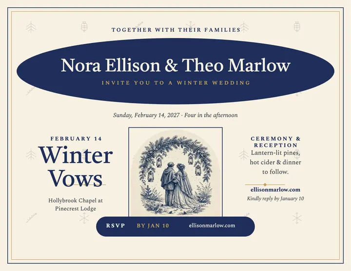 Nora and Theo winter toile wedding flyer: winter wedding invitation flyer template