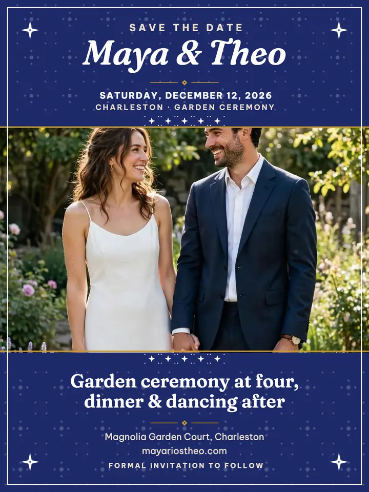 Maya and Theo indigo garden save the date: wedding save the date template