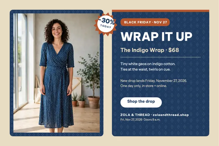 Zola and Thread Indigo Wrap Black Friday postcard template