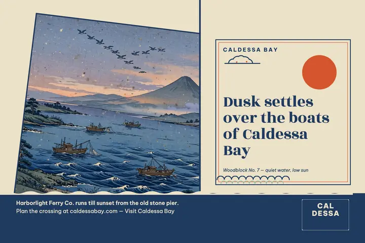 Caldessa Bay dusk woodblock postcard: coastal travel postcard template