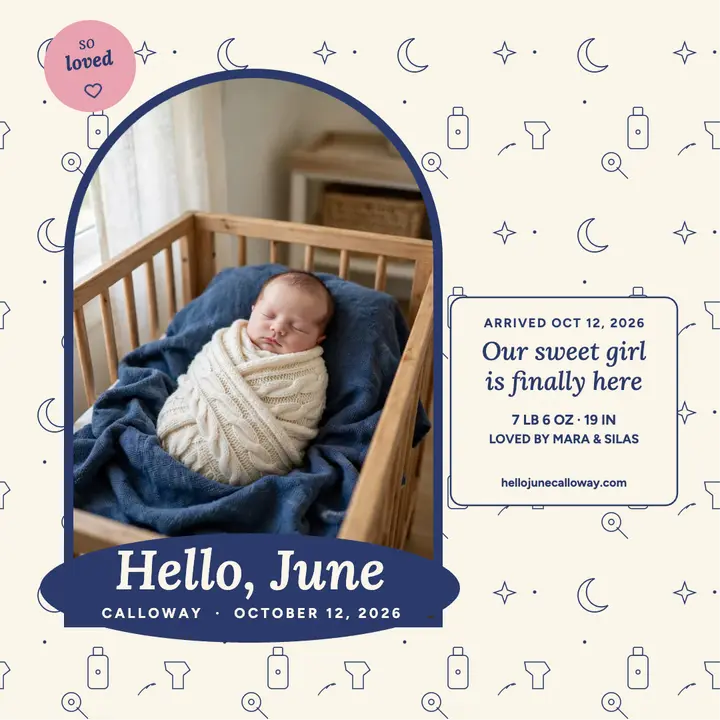Hello June toile baby announcement template