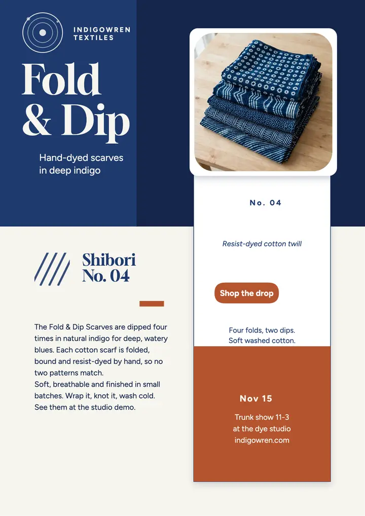 Indigowren Fold and Dip scarf flyer template