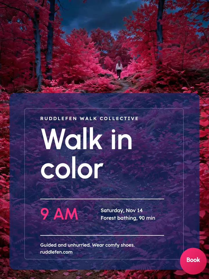 Walk in color forest bathing post, infrared bloom: forest bathing walk post template