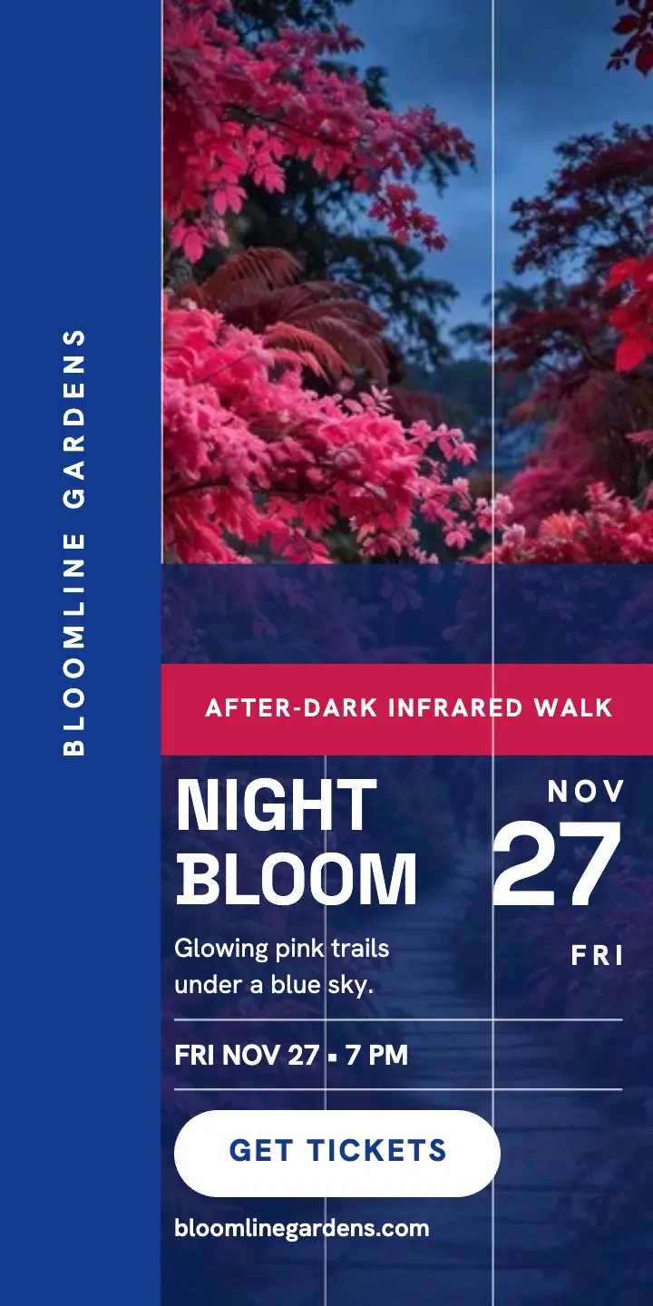 Bloomline Gardens night bloom walk half-page ad template
