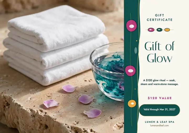 Lumen and Leaf spa glow gift certificate template