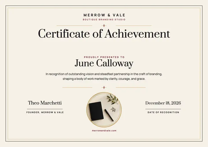 Merrow and Vale studio achievement certificate template