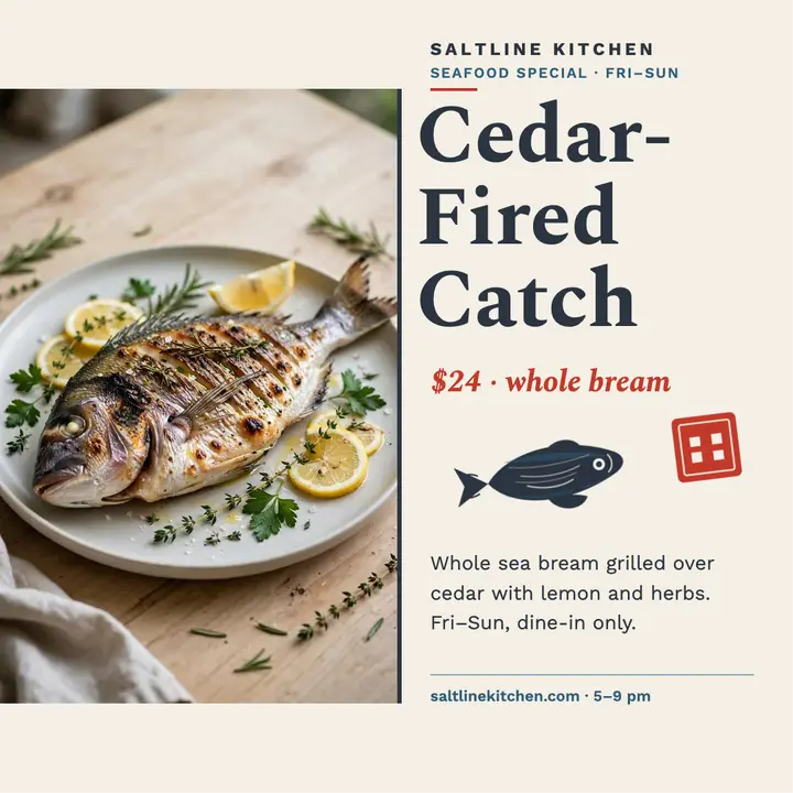 Saltline Kitchen cedar-fired catch special template