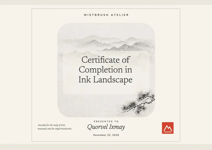 Ink landscape course certificate, sumi-e template