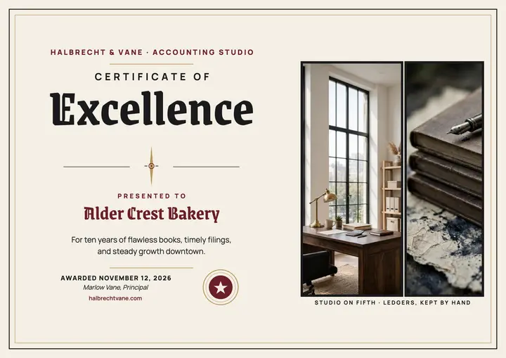 Halbrecht and Vane excellence certificate template