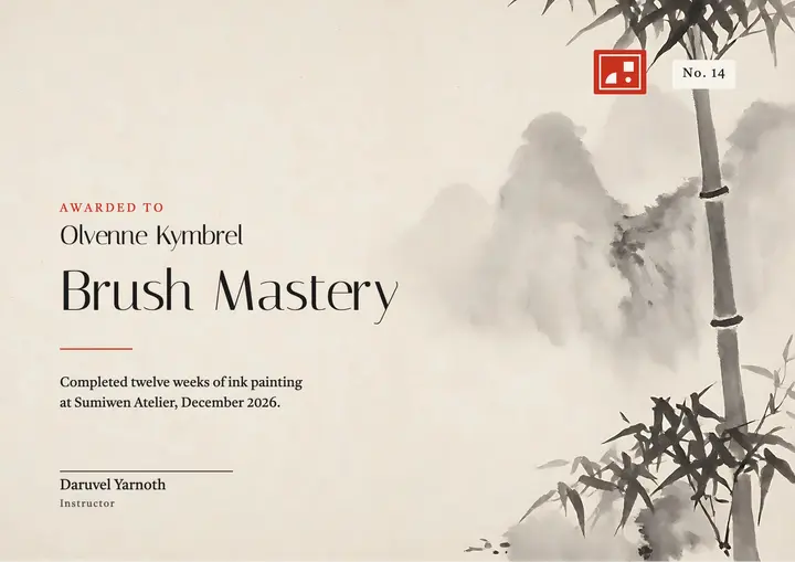 Ink painting course certificate, sumi-e wash template