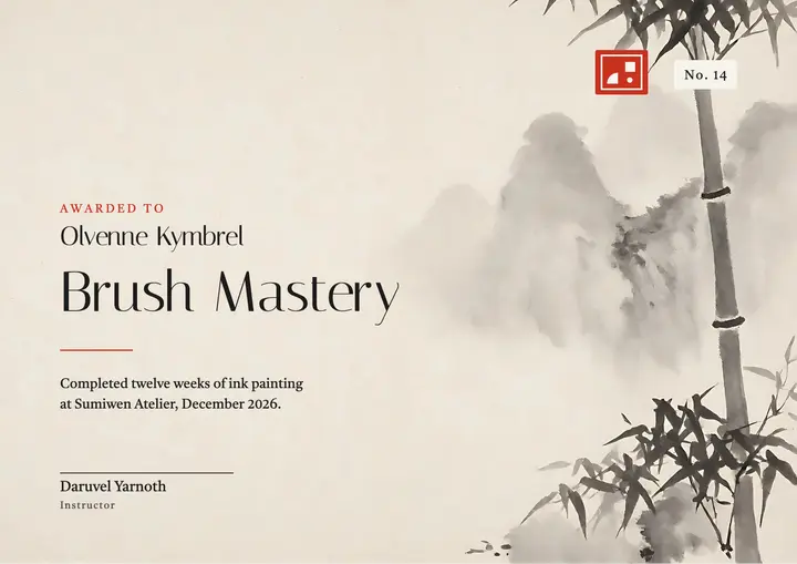 Ink painting course certificate, sumi-e wash template