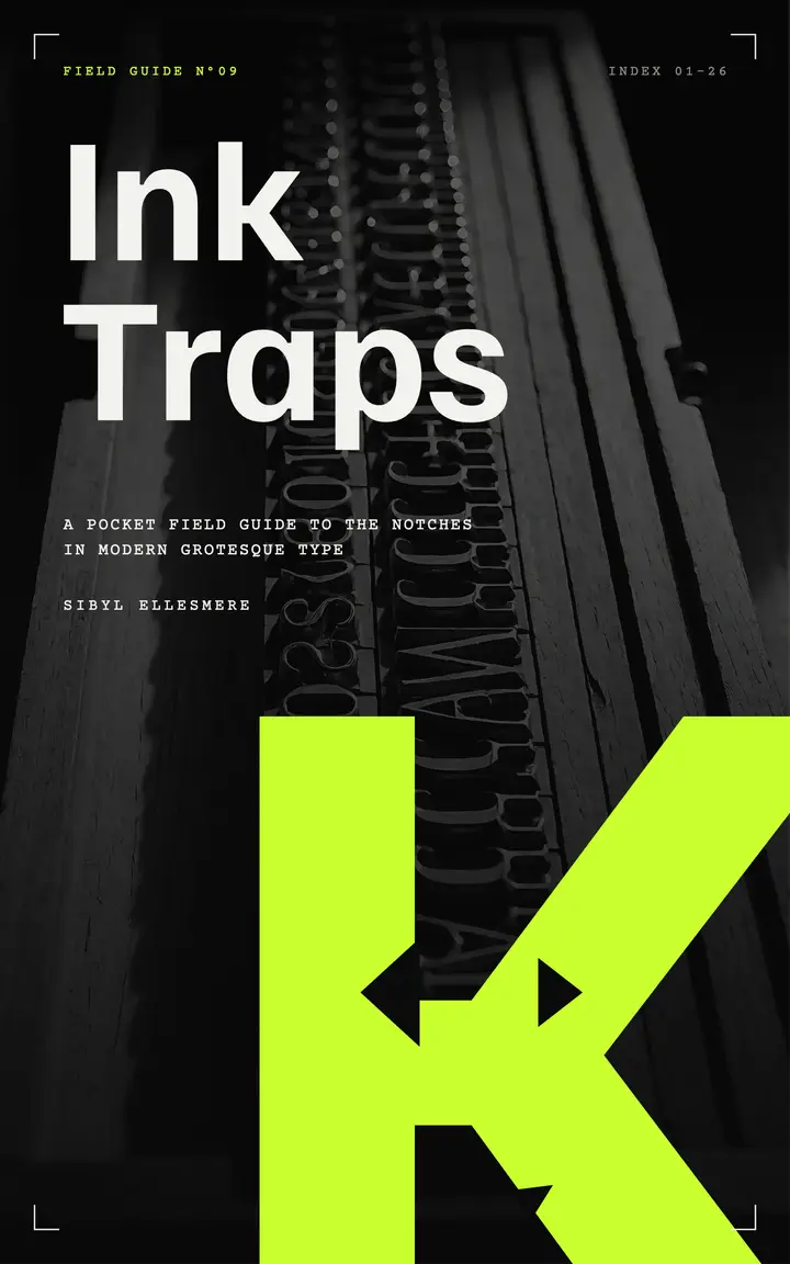 Ink Traps typography field guide ebook cover, ink-trap tech type template