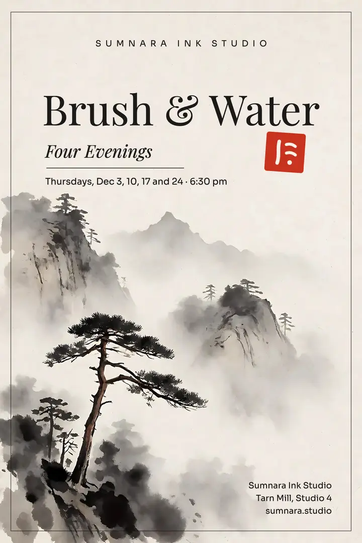 Four-evening ink painting workshop, sumi-e poster template
