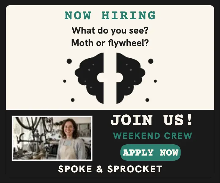 Spoke and Sprocket weekend crew inkblot ad: hiring inkblot ad template