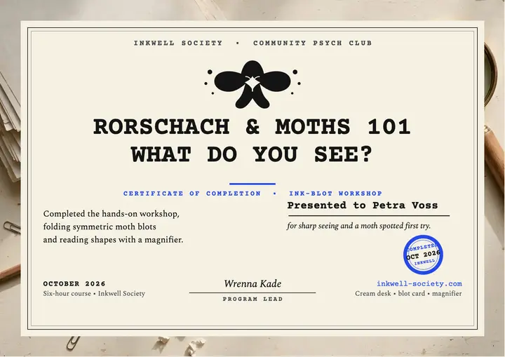 Inkwell Society moth inkblot certificate template