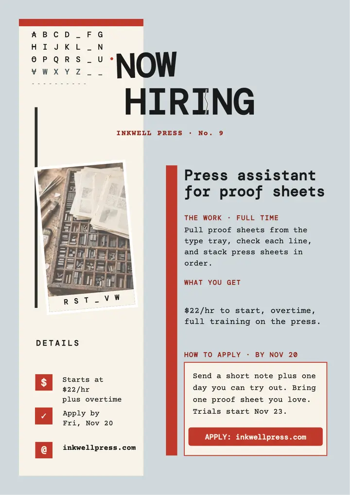 Inkwell Press hiring flyer, press assistant template