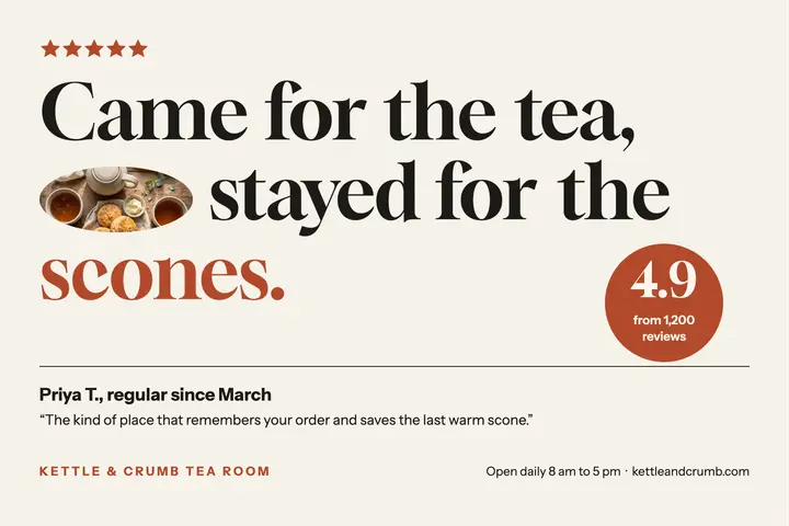 Kettle & Crumb tea room review postcard template