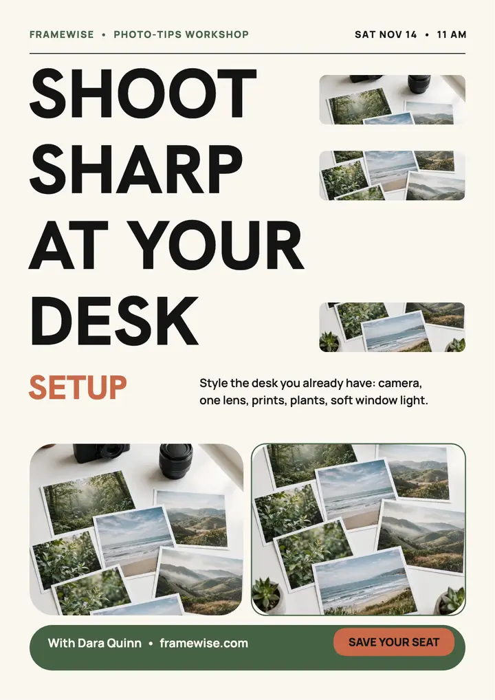 Framewise shoot sharp desk flyer: photo tips flyer template